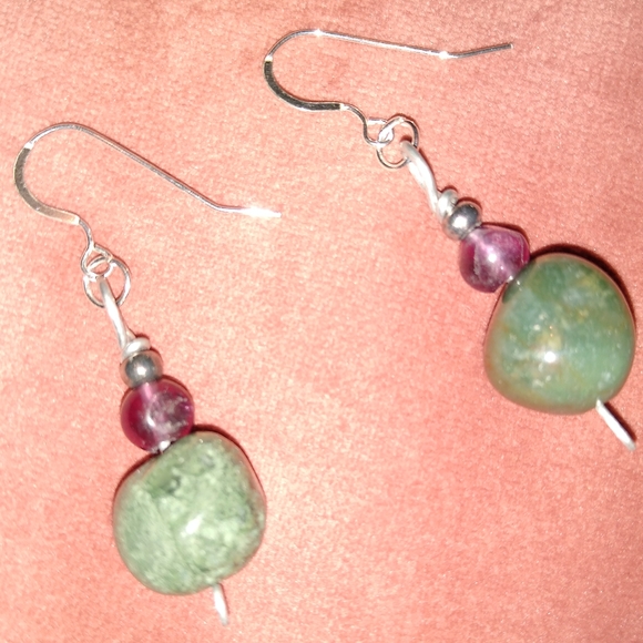 Moss Agate Amethyst Gemstone Bead Handmade Earrings 925 Solid Sterling Ear Wires - Picture 3 of 4